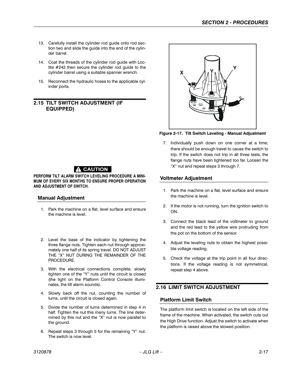 15 tilt switch adjustment (if equipped), Manual adjustment, Voltmeter adjustment | 16 limit switch adjustment, Platform limit switch, Tilt switch adjustment (if equipped) -17, Limit switch adjustment -17, Tilt switch leveling - manual adjustment -17 | JLG 2658E3 Service Manual User Manual | Page 29 / 62