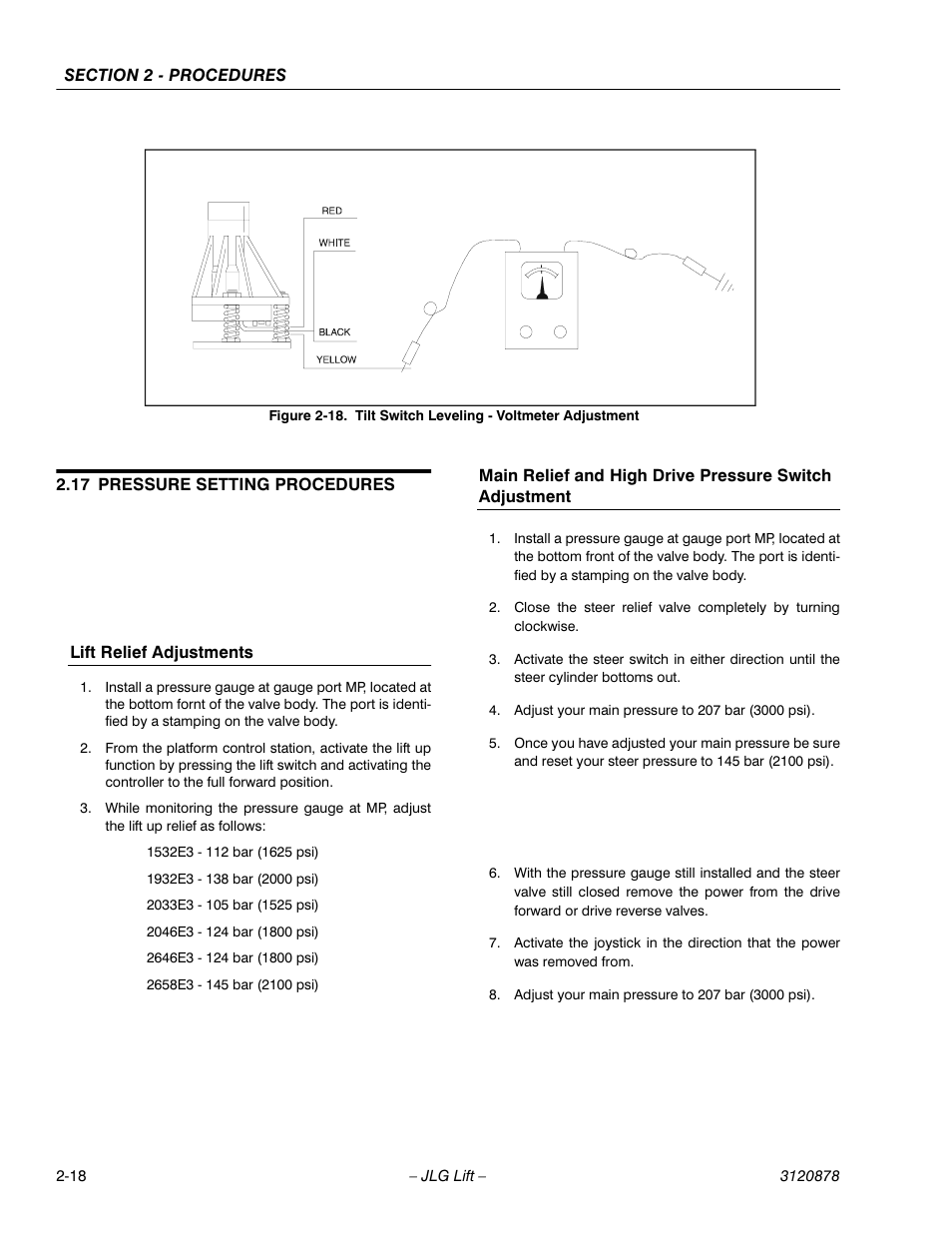 17 pressure setting procedures, Lift relief adjustments, Pressure setting procedures -18 | Tilt switch leveling - voltmeter adjustment -18 | JLG 2658E3 Service Manual User Manual | Page 30 / 62