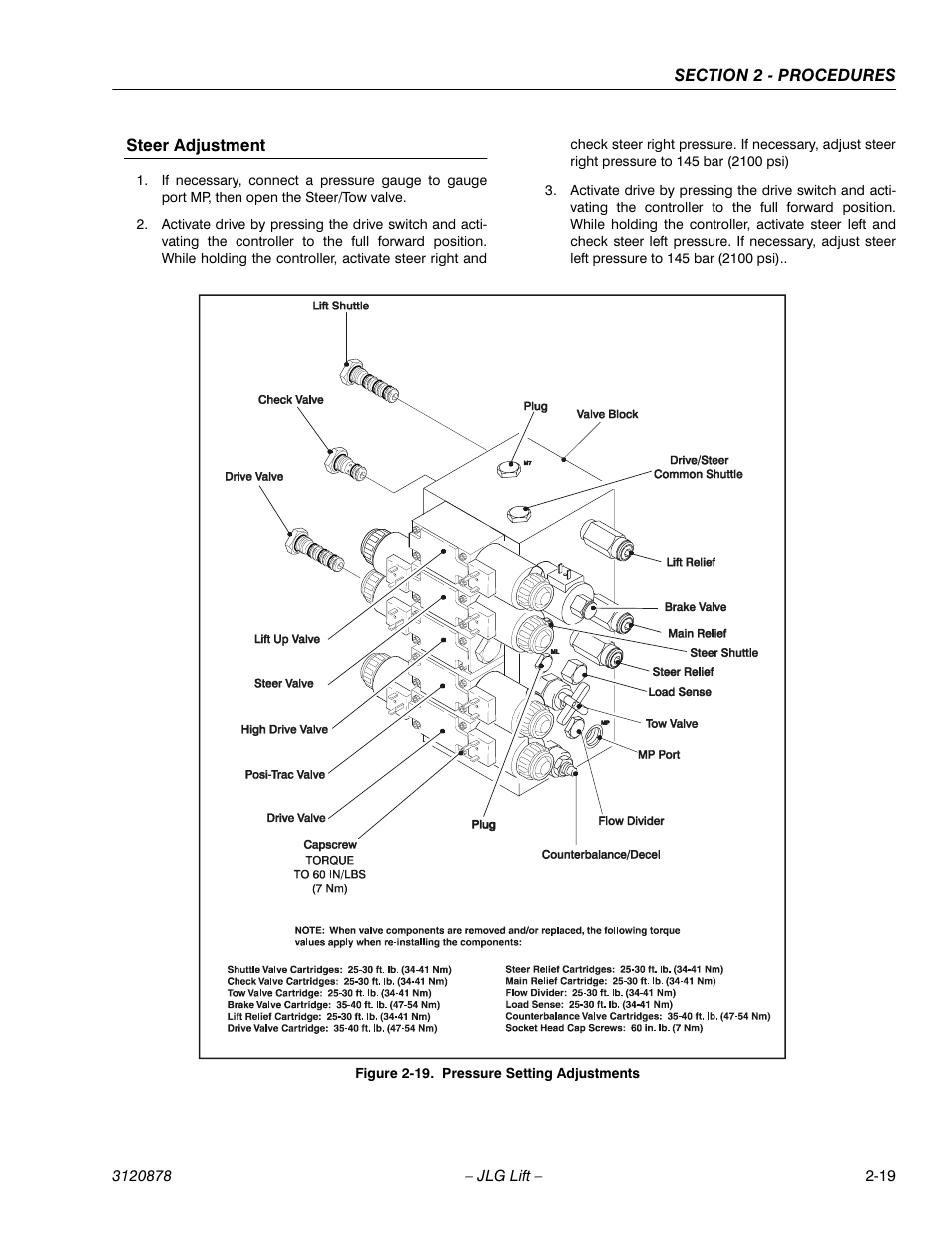 Steer adjustment, Pressure setting adjustments -19 | JLG 2658E3 Service Manual User Manual | Page 31 / 62