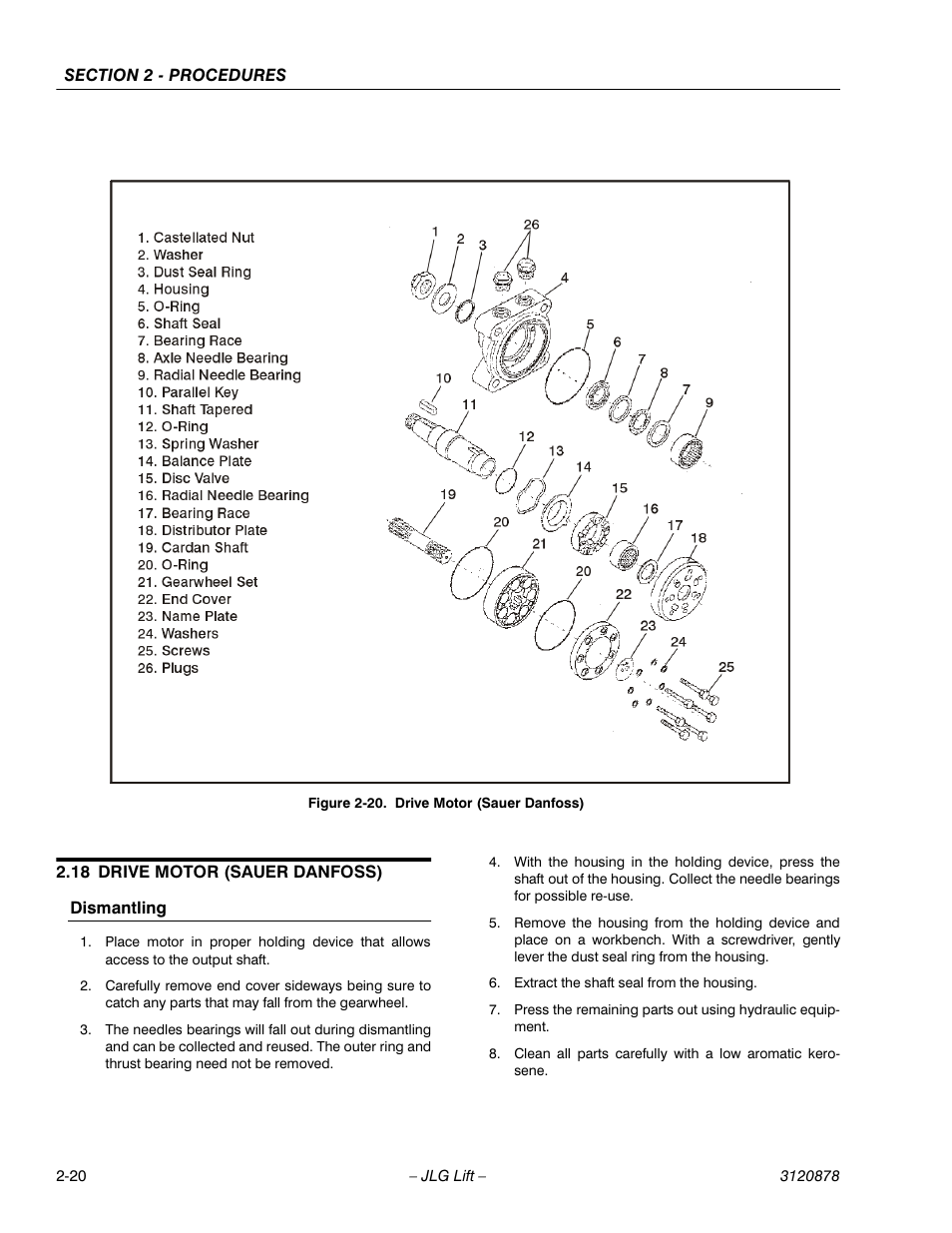 18 drive motor (sauer danfoss), Dismantling, Drive motor (sauer danfoss) -20 | JLG 2658E3 Service Manual User Manual | Page 32 / 62