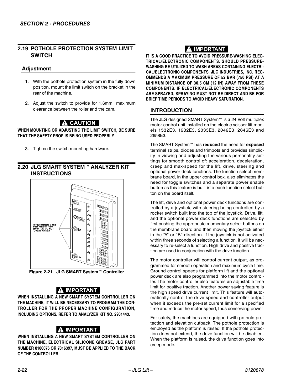 19 pothole protection system limit switch, Adjustment, 20 jlg smart system™ analyzer kit instructions | Introduction, Pothole protection system limit switch -22, Jlg smart system™ analyzer kit instructions -22, Jlg smart system™ controller -22 | JLG 2658E3 Service Manual User Manual | Page 34 / 62