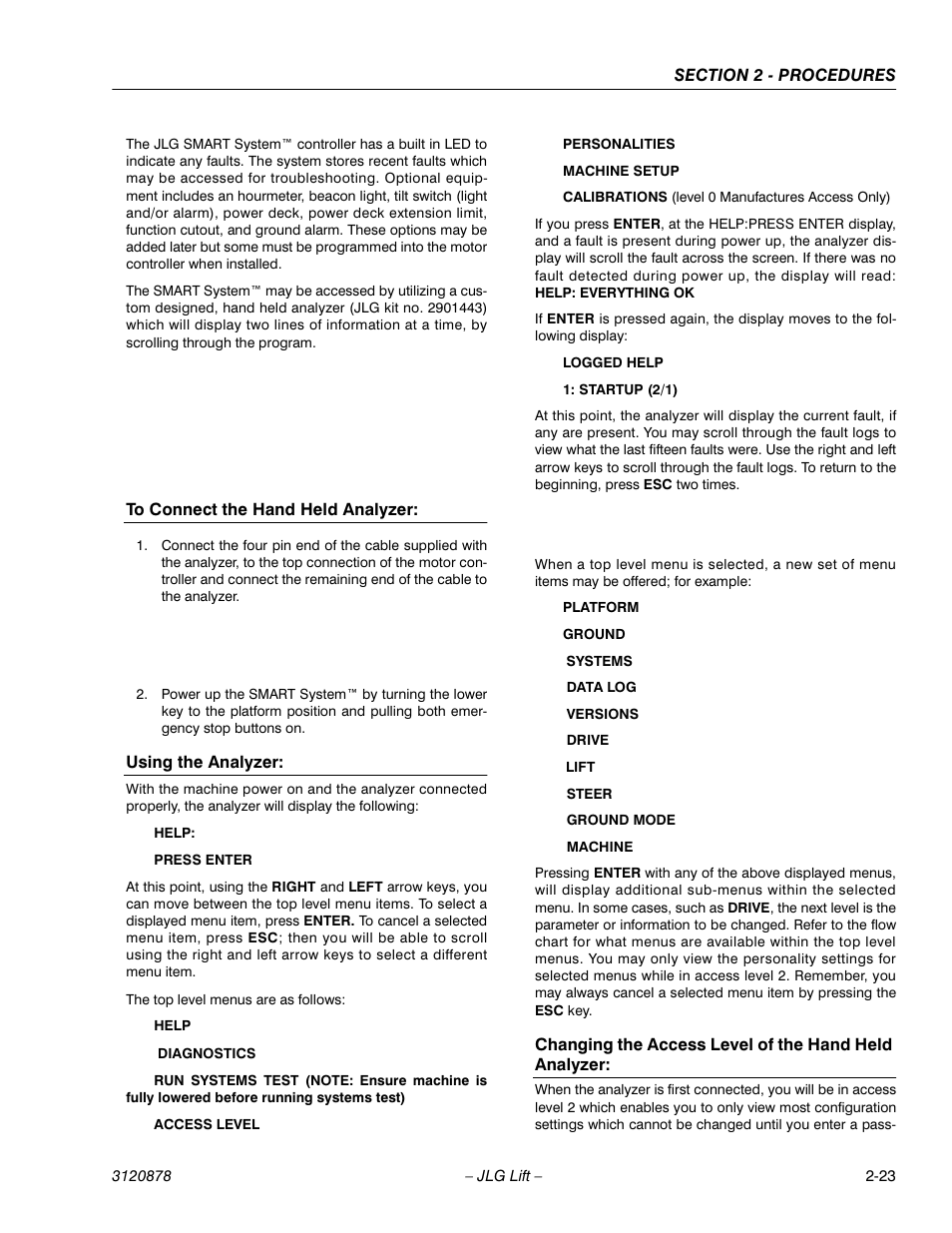 To connect the hand held analyzer, Using the analyzer | JLG 2658E3 Service Manual User Manual | Page 35 / 62