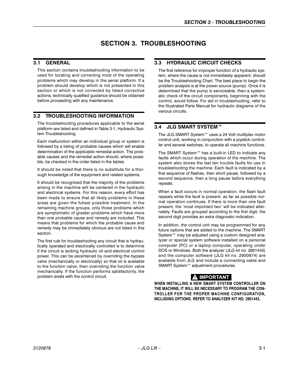 Section 3. troubleshooting, 1 general, 2 troubleshooting information | 3 hydraulic circuit checks, 4 jlg smart system, Section 3 - troubleshooting, General -1, Troubleshooting information -1, Hydraulic circuit checks -1, Jlg smart system™ -1 | JLG 2658E3 Service Manual User Manual | Page 53 / 62