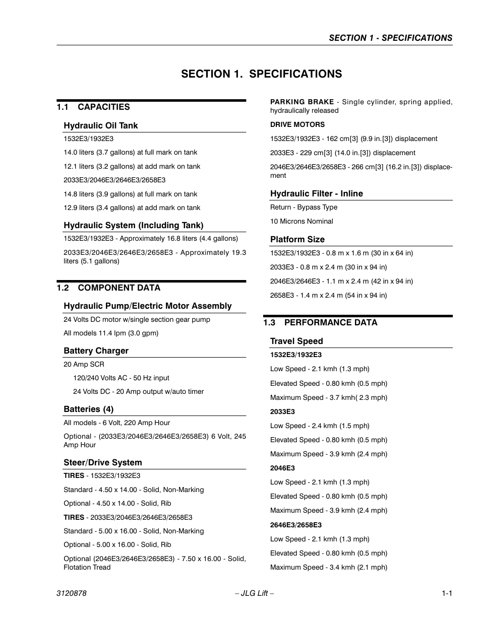 Section 1. specifications, 1 capacities, Hydraulic oil tank | Hydraulic system (including tank), 2 component data, Hydraulic pump/electric motor assembly, Battery charger, Batteries (4), Steer/drive system, Hydraulic filter - inline | JLG 2658E3 Service Manual User Manual | Page 7 / 62