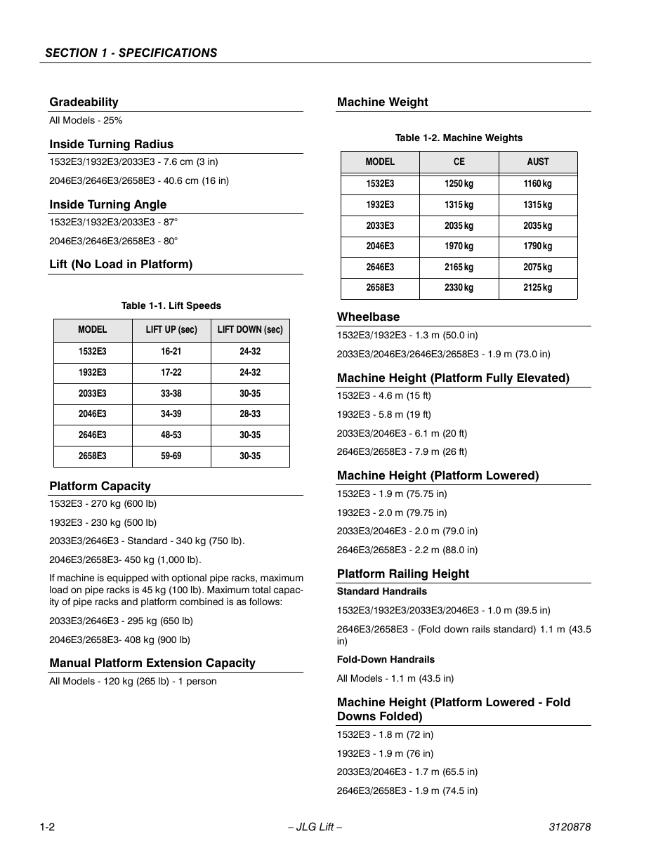 Gradeability, Inside turning radius, Inside turning angle | Lift (no load in platform), Platform capacity, Manual platform extension capacity, Machine weight, Wheelbase, Machine height (platform fully elevated), Machine height (platform lowered) | JLG 2658E3 Service Manual User Manual | Page 8 / 62