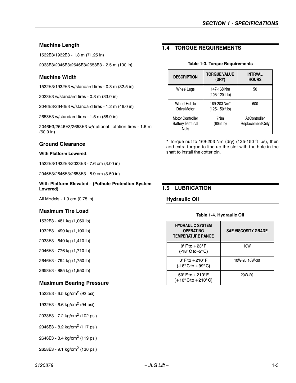 Machine length, Machine width, Ground clearance | Maximum tire load, Maximum bearing pressure, 4 torque requirements, 5 lubrication, Hydraulic oil, Torque requirements -3, Lubrication -3 | JLG 2658E3 Service Manual User Manual | Page 9 / 62