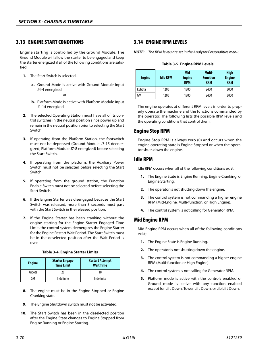 13 engine start conditions, 14 engine rpm levels, Engine stop rpm | Idle rpm, Mid engine rpm, Engine start conditions -70, Engine rpm levels -70, Engine starter limits -70 | JLG 340AJ Service Manual User Manual | Page 110 / 348