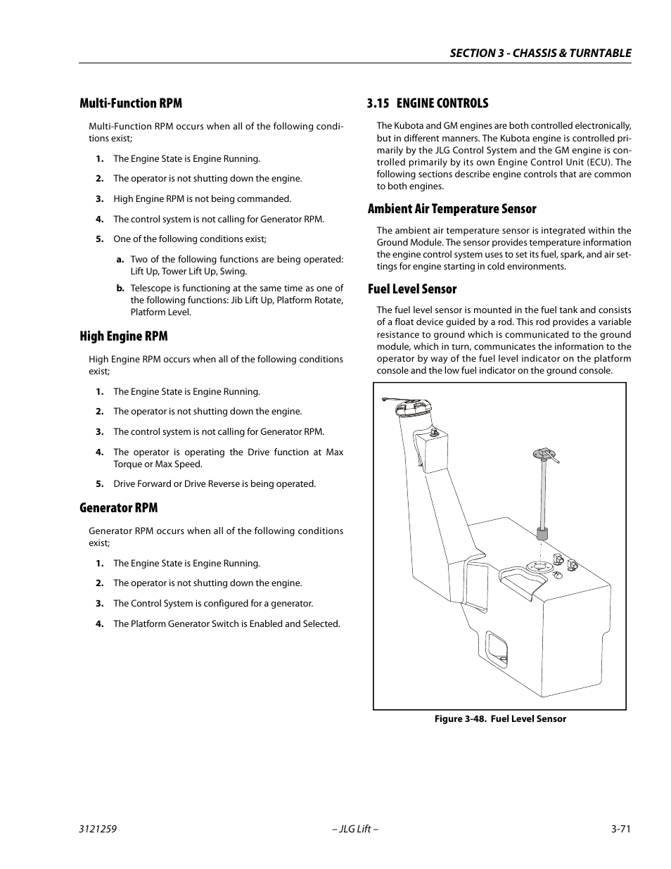 Multi-function rpm, High engine rpm, Generator rpm | 15 engine controls, Ambient air temperature sensor, Fuel level sensor, Engine controls -71, Fuel level sensor -71 | JLG 340AJ Service Manual User Manual | Page 111 / 348