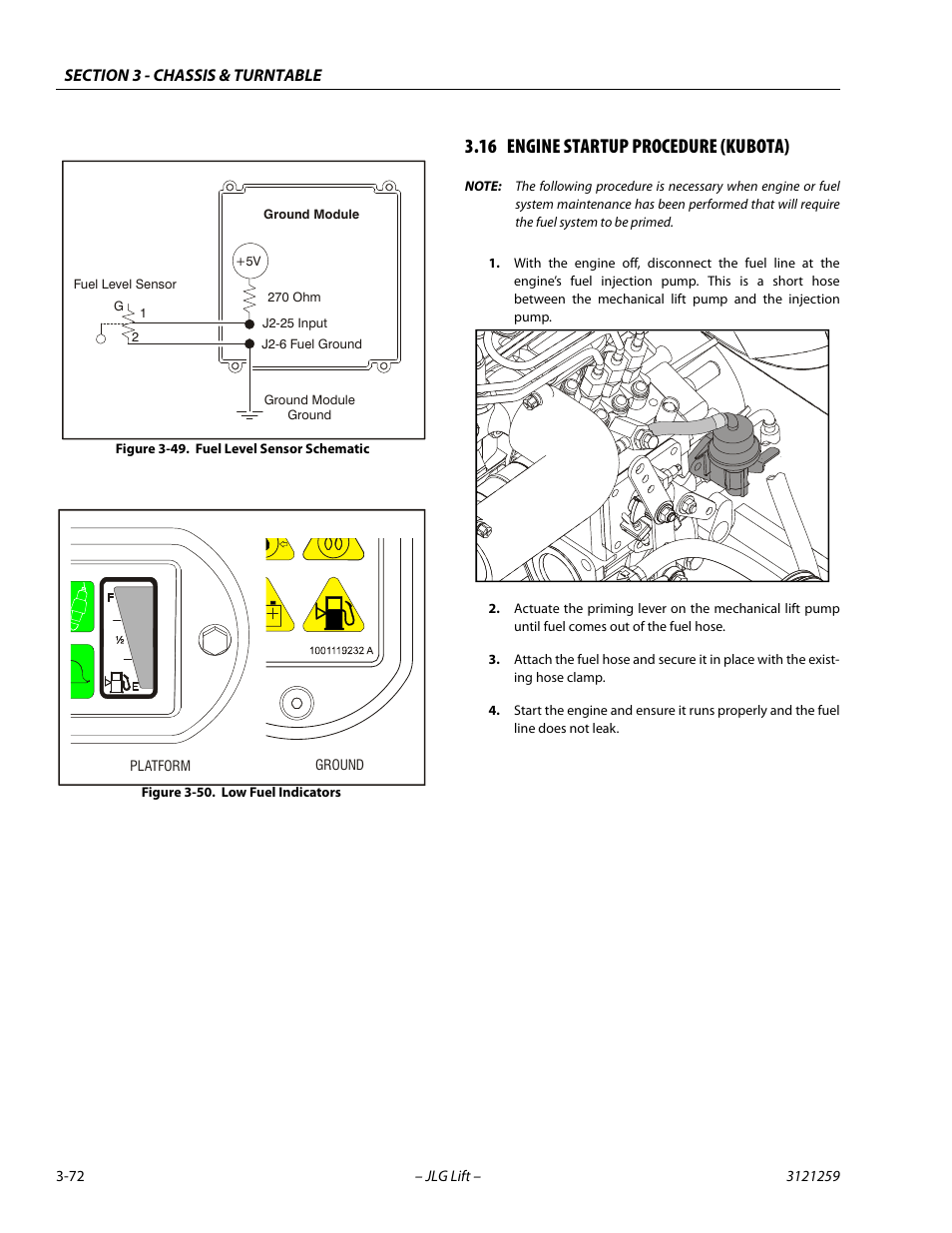16 engine startup procedure (kubota), Engine startup procedure (kubota) -72, Fuel level sensor schematic -72 | Low fuel indicators -72 | JLG 340AJ Service Manual User Manual | Page 112 / 348
