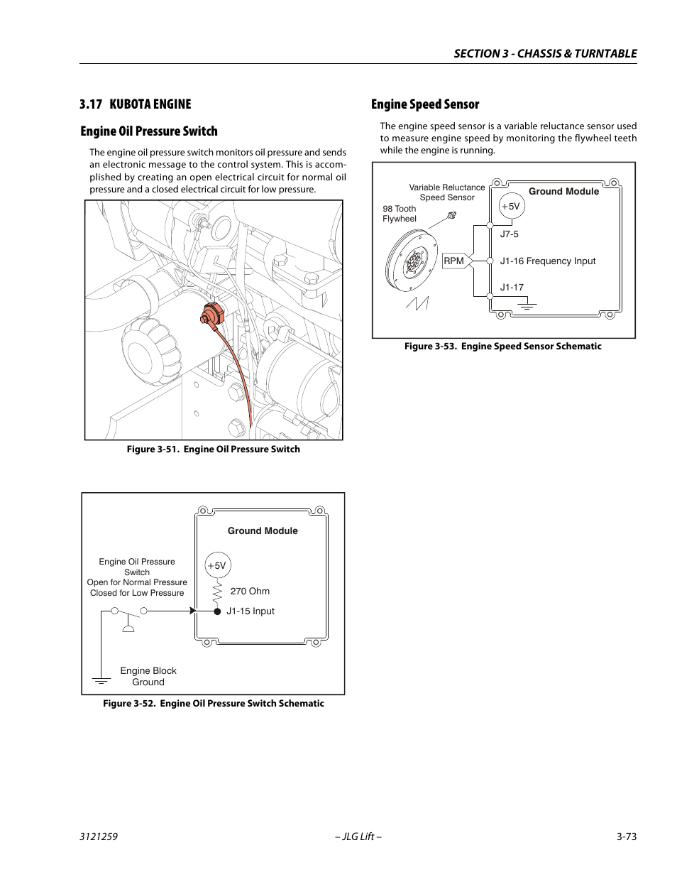 17 kubota engine, Engine oil pressure switch, Engine speed sensor | Kubota engine -73, Engine oil pressure switch -73, Engine oil pressure switch schematic -73, Engine speed sensor schematic -73, 17 kubota engine engine oil pressure switch | JLG 340AJ Service Manual User Manual | Page 113 / 348