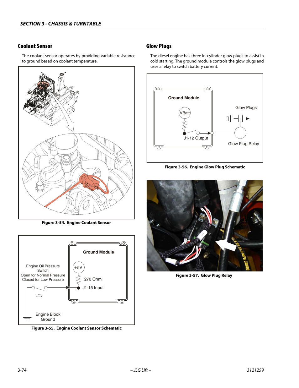 Coolant sensor, Glow plugs, Coolant sensor -74 glow plugs -74 | Engine coolant sensor -74, Engine coolant sensor schematic -74, Engine glow plug schematic -74, Glow plug relay -74 | JLG 340AJ Service Manual User Manual | Page 114 / 348