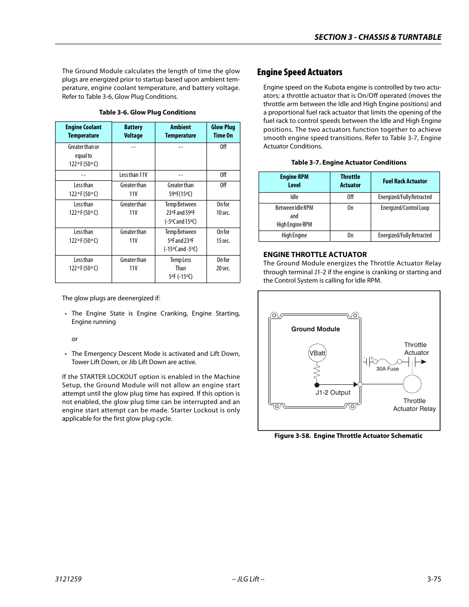Engine speed actuators, Engine speed actuators -75, Engine throttle actuator schematic -75 | Glow plug conditions -75, Engine actuator conditions -75 | JLG 340AJ Service Manual User Manual | Page 115 / 348