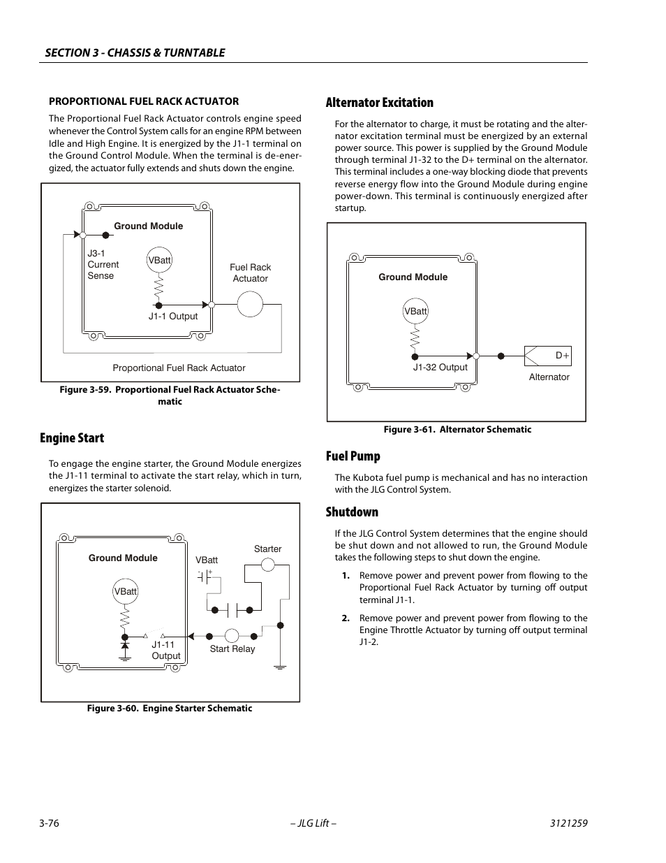 Engine start, Alternator excitation, Fuel pump | Shutdown, Proportional fuel rack actuator schematic -76, Engine starter schematic -76, Alternator schematic -76 | JLG 340AJ Service Manual User Manual | Page 116 / 348