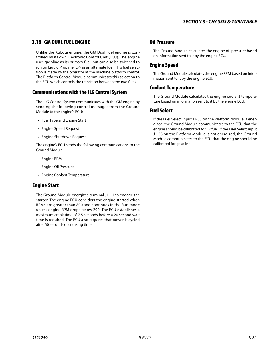18 gm dual fuel engine, Communications with the jlg control system, Engine start | Oil pressure, Engine speed, Coolant temperature, Fuel select, Gm dual fuel engine -81 | JLG 340AJ Service Manual User Manual | Page 121 / 348
