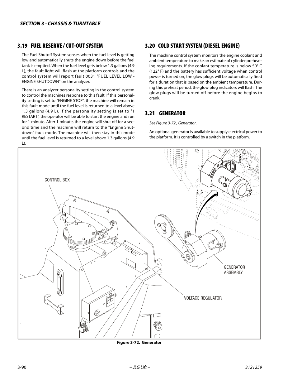19 fuel reserve / cut-out system, 20 cold start system (diesel engine), 21 generator | Fuel reserve / cut-out system -90, Cold start system (diesel engine) -90, Generator -90 | JLG 340AJ Service Manual User Manual | Page 130 / 348