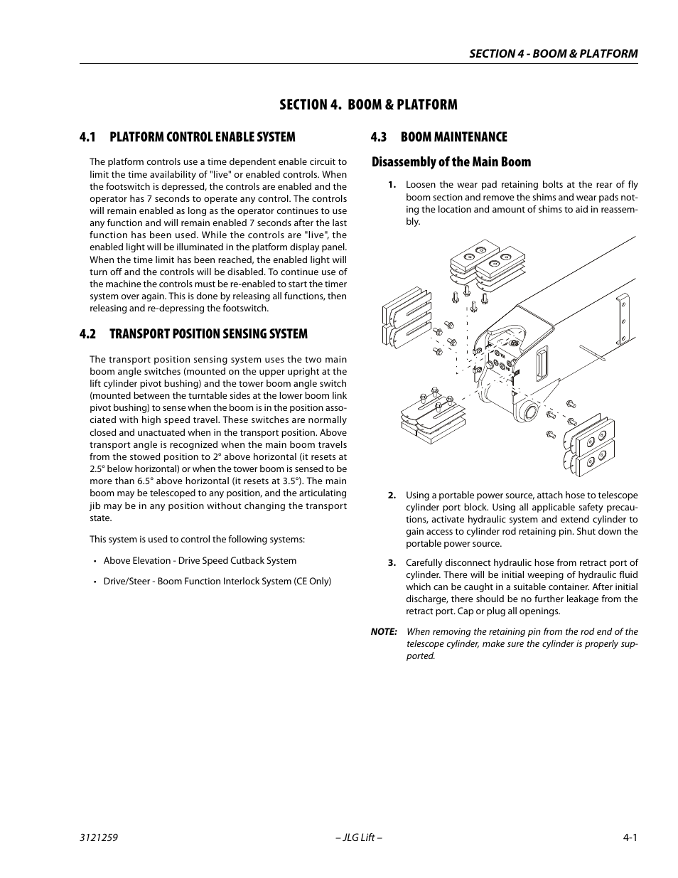 Section 4. boom & platform, 1 platform control enable system, 2 transport position sensing system | 3 boom maintenance, Disassembly of the main boom, Section, 4 - boom & platform, Platform control enable system -1, Transport position sensing system -1, Boom maintenance -1 | JLG 340AJ Service Manual User Manual | Page 133 / 348