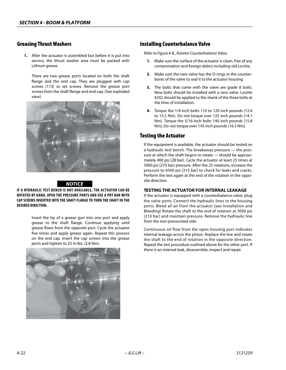 Greasing thrust washers, Installing counterbalance valve, Testing the actuator | JLG 340AJ Service Manual User Manual | Page 154 / 348