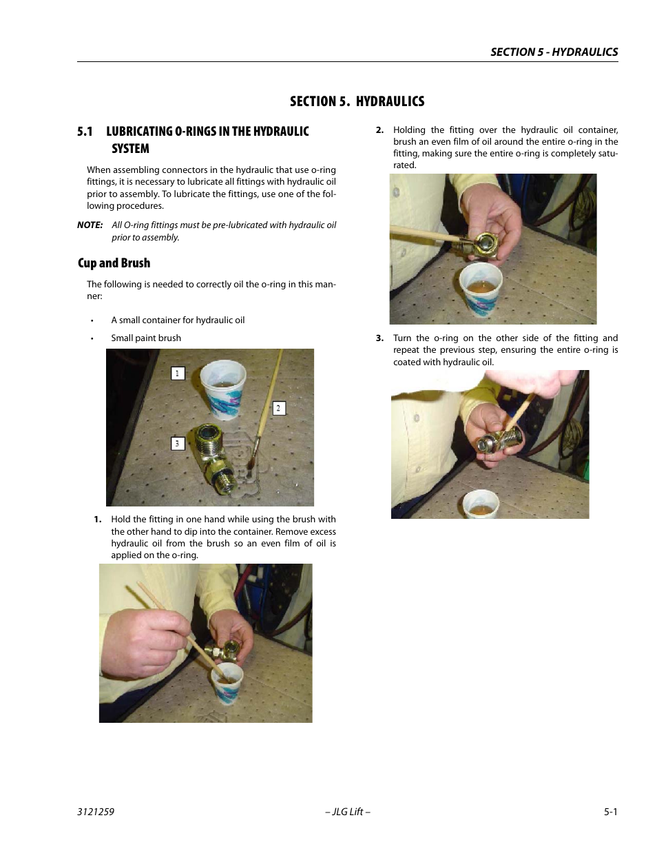 Section 5. hydraulics, 1 lubricating o-rings in the hydraulic system, Cup and brush | Section, 5 - hydraulics, Lubricating o-rings in the hydraulic system -1, Cup and brush -1 | JLG 340AJ Service Manual User Manual | Page 159 / 348
