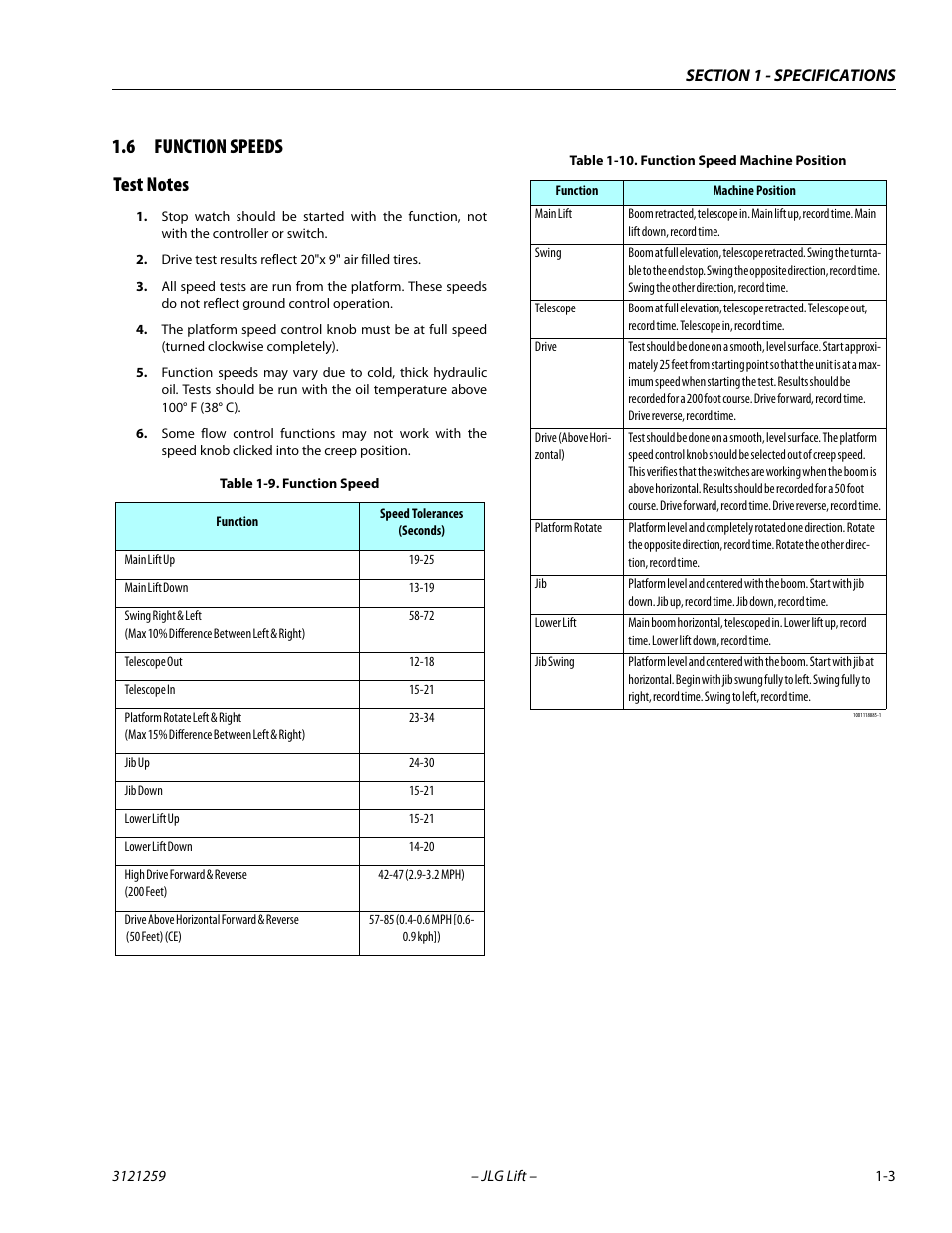 6 function speeds, Test notes, Function speeds -3 | Test notes -3, Function speed -3, Function speed machine position -3 | JLG 340AJ Service Manual User Manual | Page 19 / 348