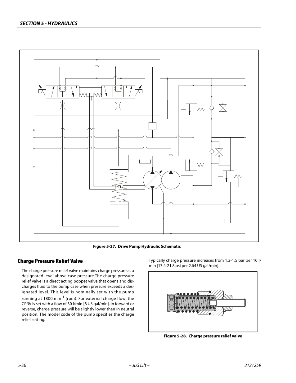Charge pressure relief valve, Charge pressure relief valve -36, Drive pump hydraulic schematic -36 | Drive pump, C2 c1 | JLG 340AJ Service Manual User Manual | Page 194 / 348