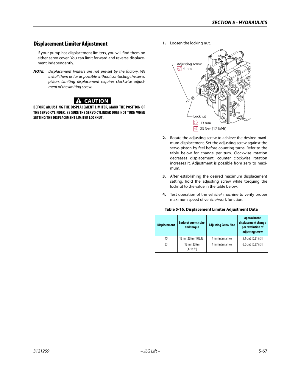 Displacement limiter adjustment, Displacement limiter adjustment -67, Displacement limiter adjustment data -67 | JLG 340AJ Service Manual User Manual | Page 225 / 348