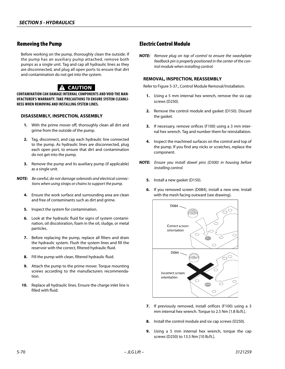 Removing the pump, Electric control module, Removing the pump -70 electric control module -70 | JLG 340AJ Service Manual User Manual | Page 228 / 348