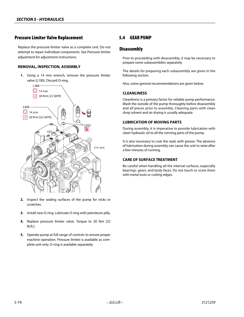 Pressure limiter valve replacement, 4 gear pump, Disassembly | Pressure limiter valve replacement -74, Gear pump -74, Disassembly -74, 4 gear pump disassembly | JLG 340AJ Service Manual User Manual | Page 232 / 348