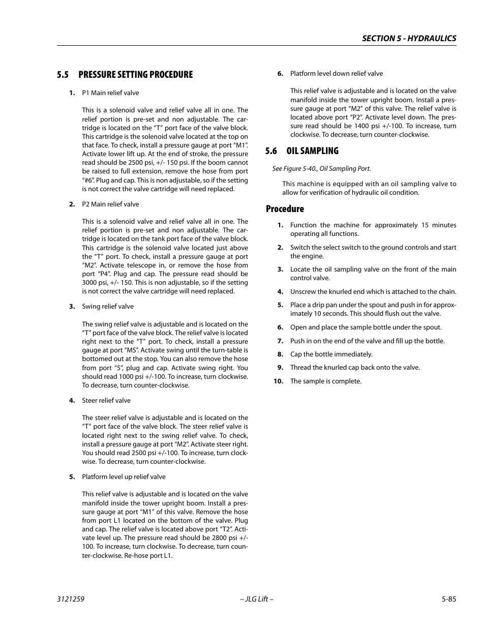 5 pressure setting procedure, 6 oil sampling, Procedure | Pressure setting procedure -85, Oil sampling -85, Procedure -85 | JLG 340AJ Service Manual User Manual | Page 243 / 348