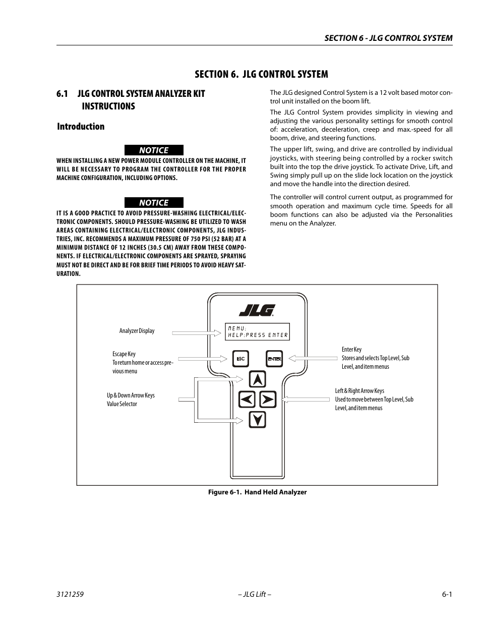 Section 6. jlg control system, 1 jlg control system analyzer kit instructions, Introduction | Section, 6 - jlg control system, Jlg control system analyzer kit instructions -1, Introduction -1, Hand held analyzer -1 | JLG 340AJ Service Manual User Manual | Page 245 / 348