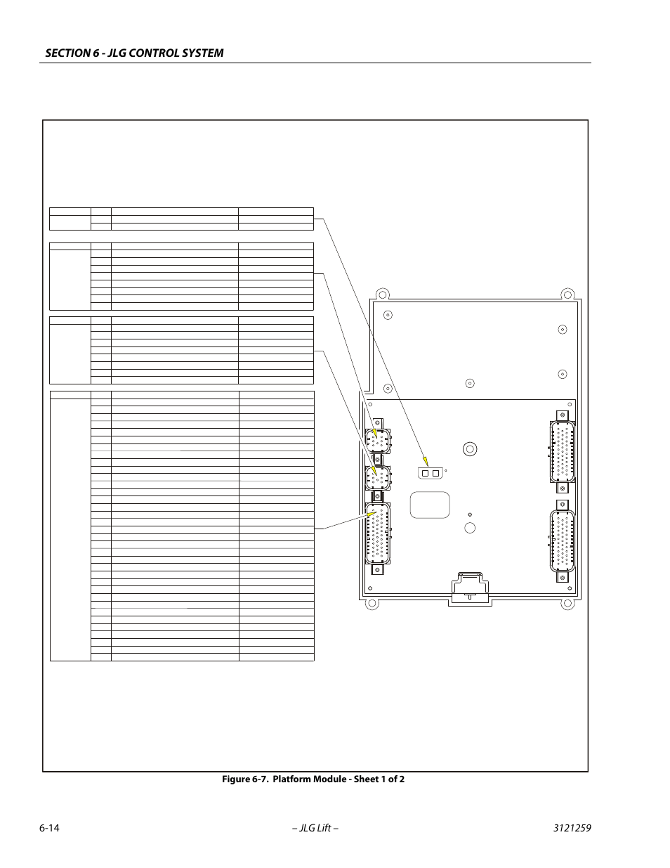 Platform module - sheet 1 of 2 -14, Figure 6-7. platform module - sheet 1 of 2, J5 natural | J6 black, J7 black | JLG 340AJ Service Manual User Manual | Page 258 / 348