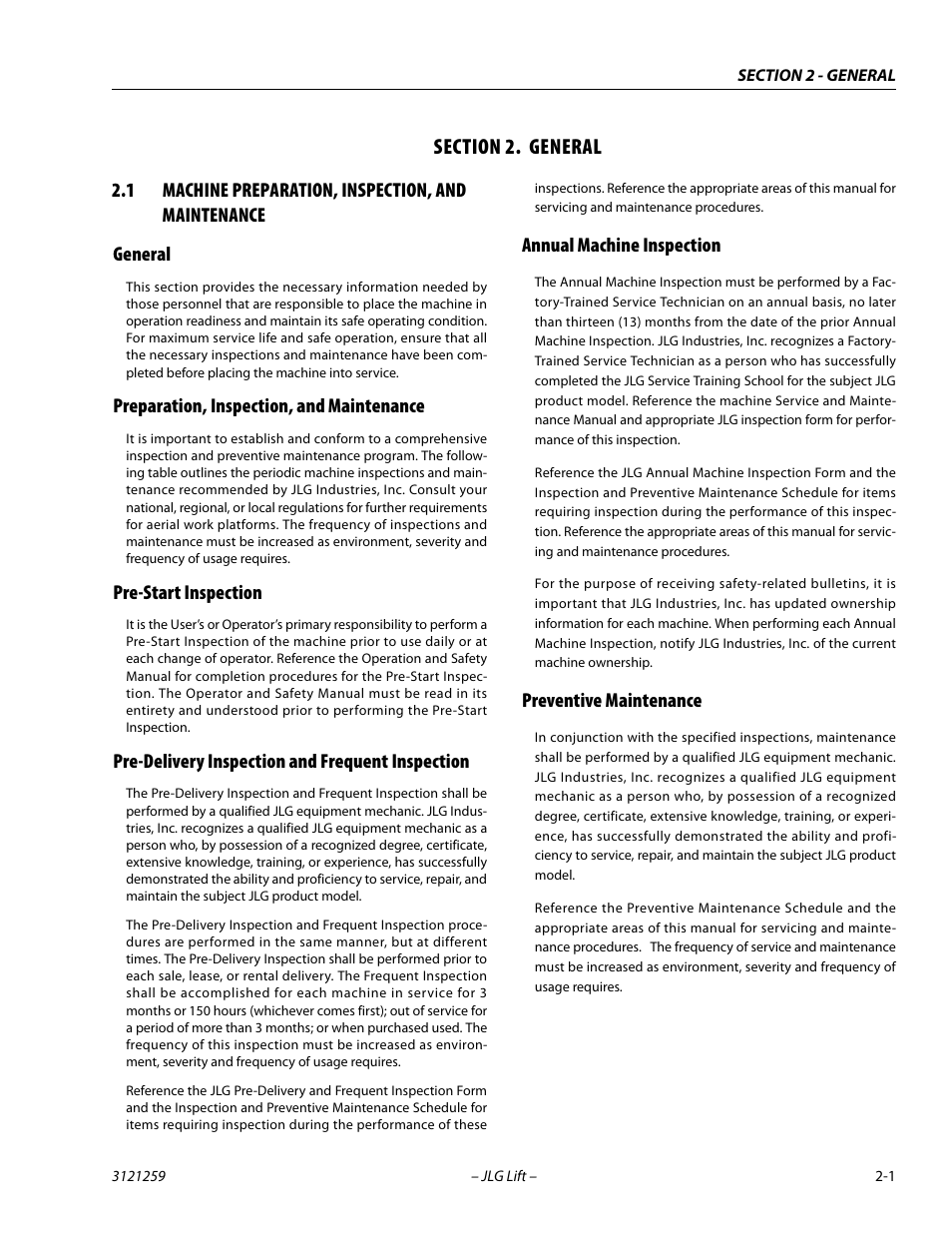 Section 2. general, 1 machine preparation, inspection, and maintenance, General | Preparation, inspection, and maintenance, Pre-start inspection, Pre-delivery inspection and frequent inspection, Annual machine inspection, Preventive maintenance, Section, 2 - general | JLG 340AJ Service Manual User Manual | Page 31 / 348