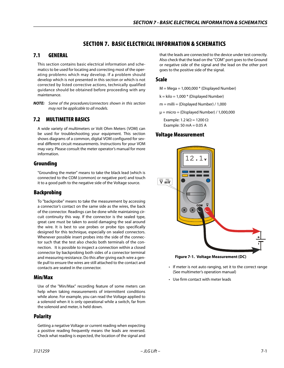 1 general, 2 multimeter basics, Grounding | Backprobing, Min/max, Polarity, Scale, Voltage measurement, Section, 7 - basic electrical information & schematics | JLG 340AJ Service Manual User Manual | Page 315 / 348