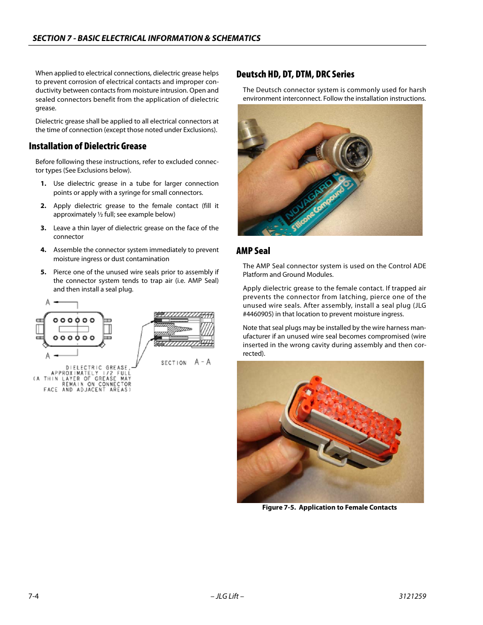 Installation of dielectric grease, Deutsch hd, dt, dtm, drc series, Amp seal | Application to female contacts -4 | JLG 340AJ Service Manual User Manual | Page 318 / 348