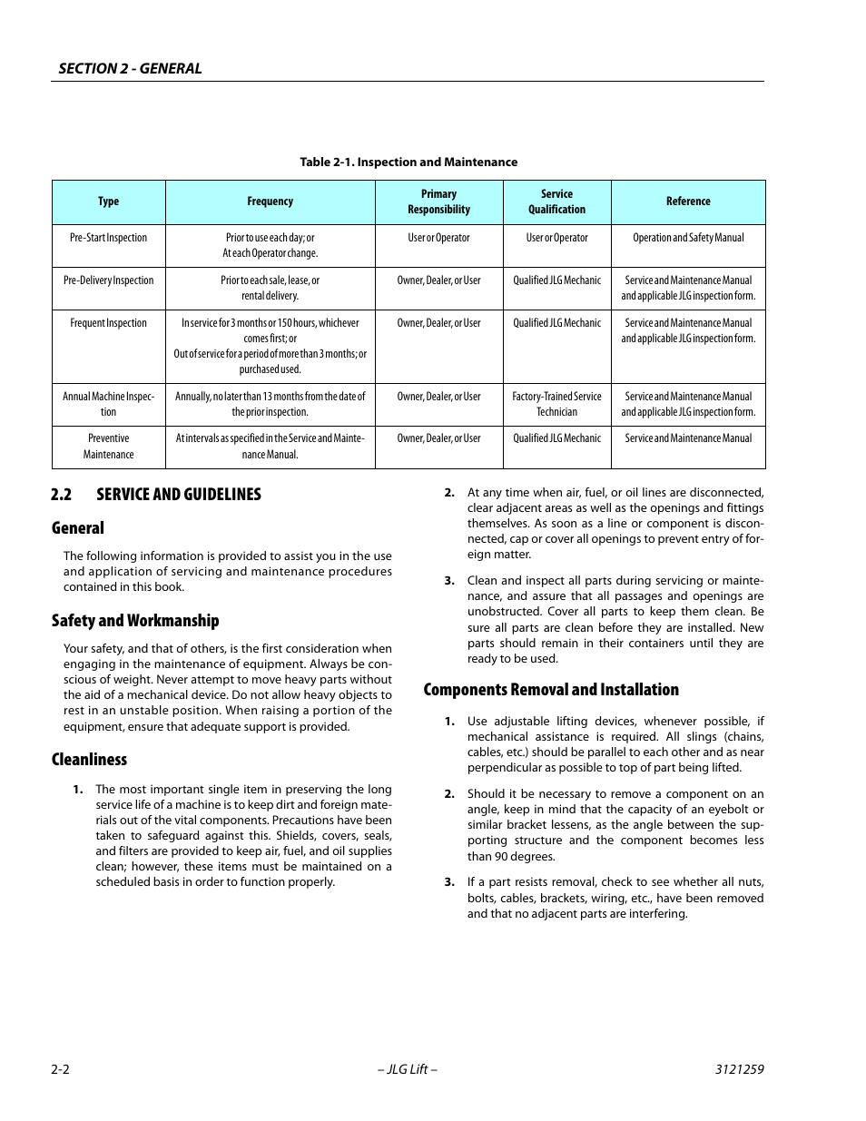 2 service and guidelines, General, Safety and workmanship | Cleanliness, Components removal and installation, Service and guidelines -2, Inspection and maintenance -2, 2 service and guidelines general | JLG 340AJ Service Manual User Manual | Page 32 / 348