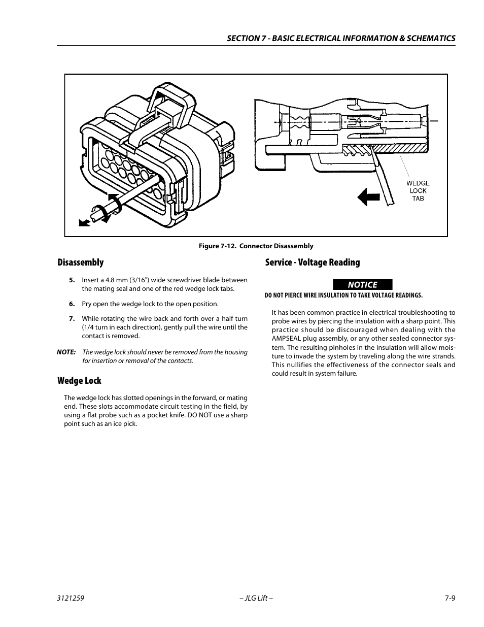 Disassembly, Wedge lock, Service - voltage reading | Connector disassembly -9 | JLG 340AJ Service Manual User Manual | Page 323 / 348