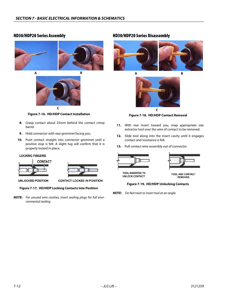 Hd30/hdp20 series assembly, Hd30/hdp20 series disassembly, Hd/hdp contact installation -12 | Hd/hdp locking contacts into position -12, Hd/hdp contact removal -12, Hd/hdp unlocking contacts -12 | JLG 340AJ Service Manual User Manual | Page 326 / 348