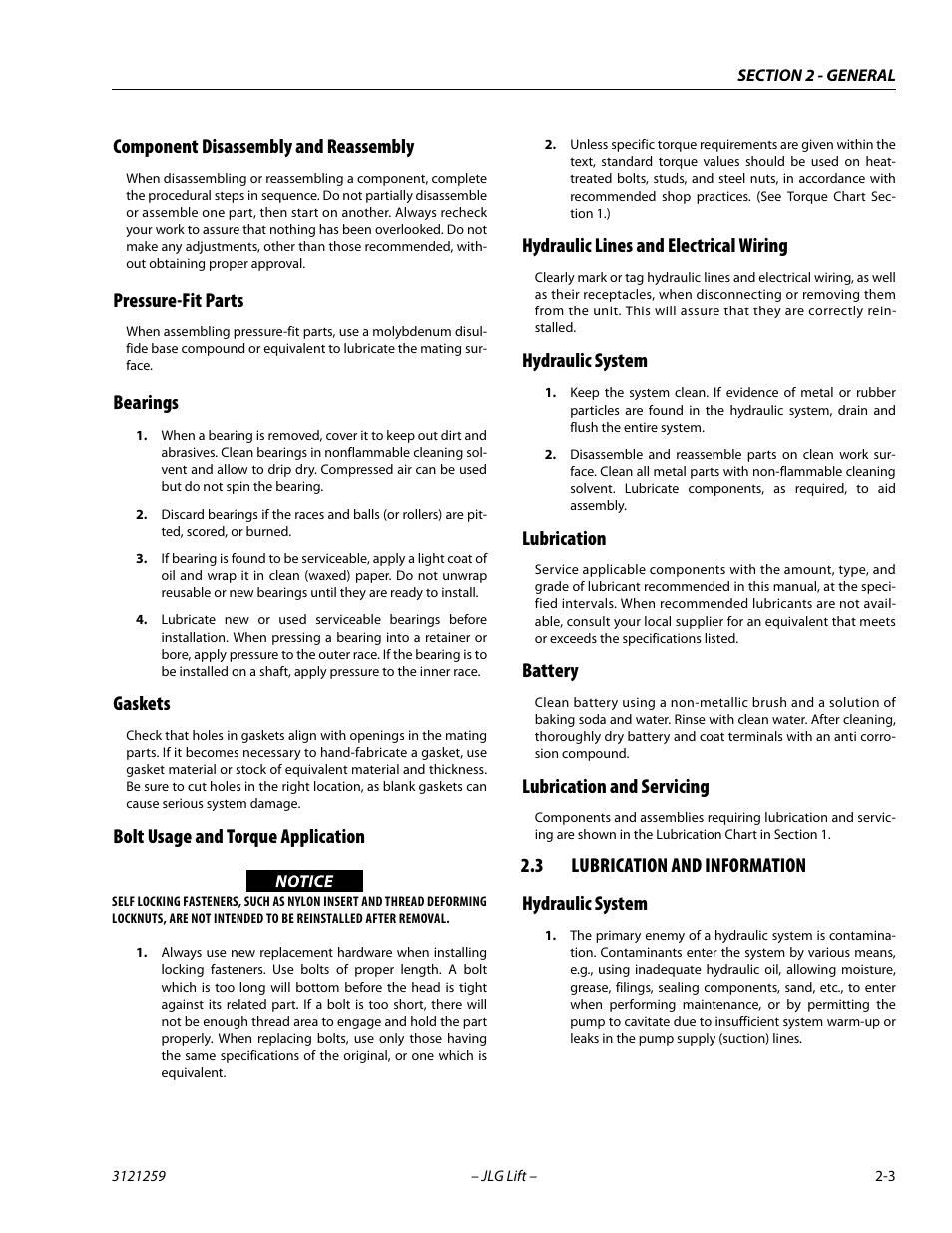 Component disassembly and reassembly, Pressure-fit parts, Bearings | Gaskets, Bolt usage and torque application, Hydraulic lines and electrical wiring, Hydraulic system, Lubrication, Battery, Lubrication and servicing | JLG 340AJ Service Manual User Manual | Page 33 / 348