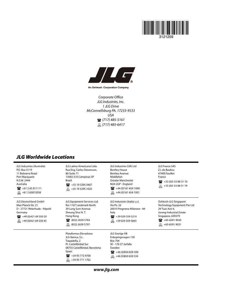 Jlg worldwide locations | JLG 340AJ Service Manual User Manual | Page 348 / 348