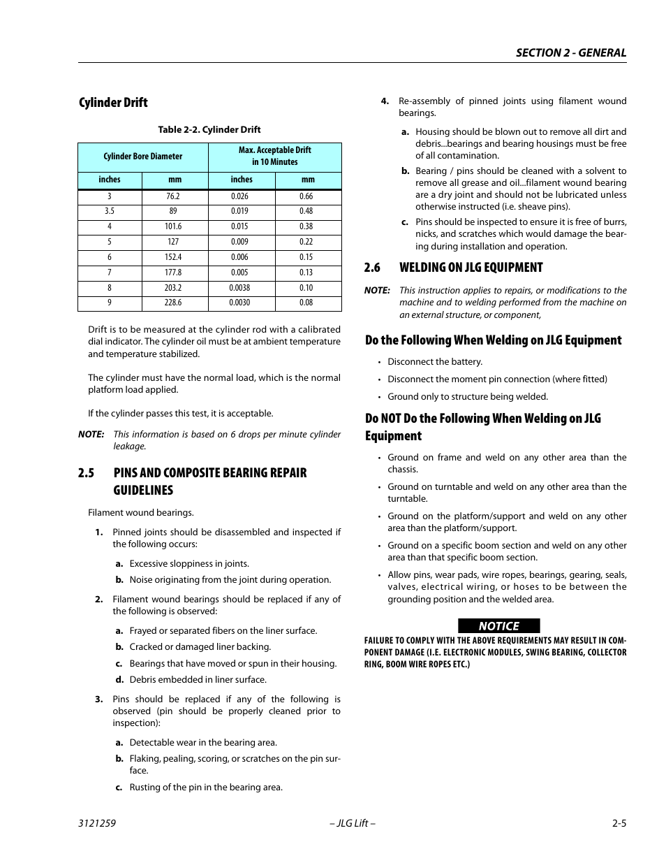 Cylinder drift, 5 pins and composite bearing repair guidelines, 6 welding on jlg equipment | Do the following when welding on jlg equipment, Cylinder drift -5, Pins and composite bearing repair guidelines -5, Welding on jlg equipment -5 | JLG 340AJ Service Manual User Manual | Page 35 / 348