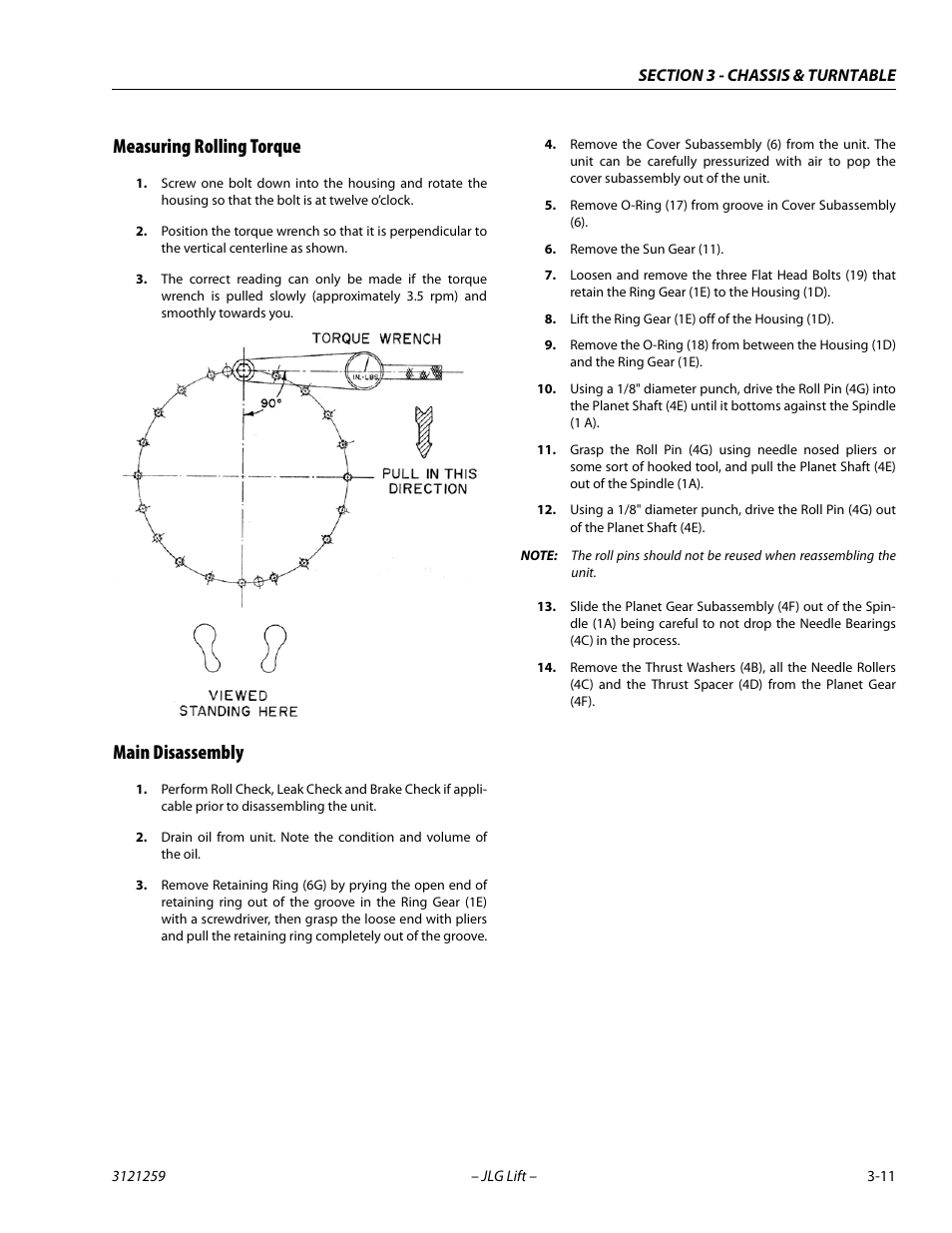 Measuring rolling torque, Main disassembly, Measuring rolling torque -11 main disassembly -11 | JLG 340AJ Service Manual User Manual | Page 51 / 348