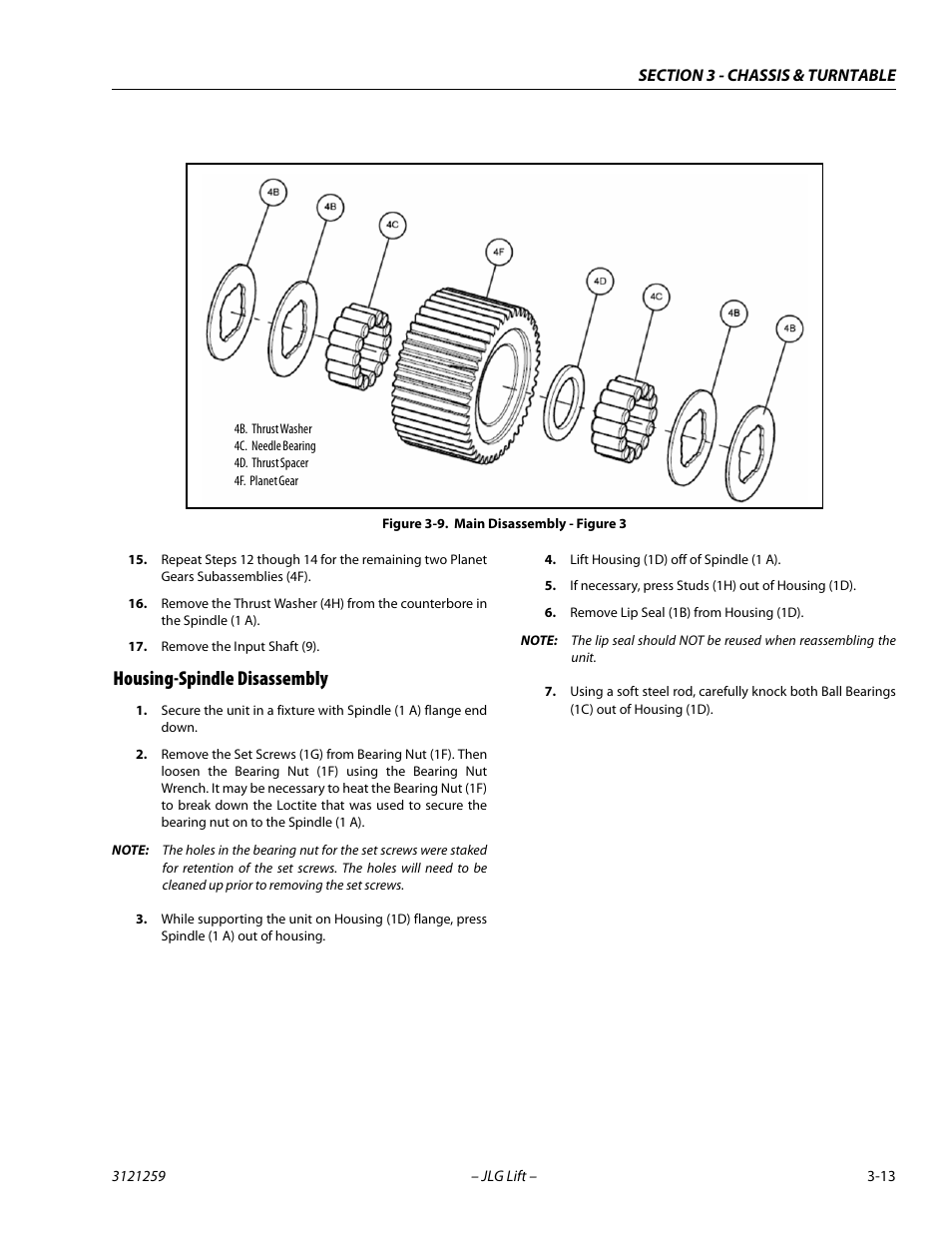 Housing-spindle disassembly, Housing-spindle disassembly -13, Main disassembly - figure 3 -13 | JLG 340AJ Service Manual User Manual | Page 53 / 348