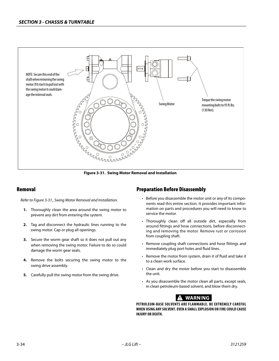 Removal, Preparation before disassembly, Removal -34 preparation before disassembly -34 | Swing motor removal and installation -34 | JLG 340AJ Service Manual User Manual | Page 74 / 348