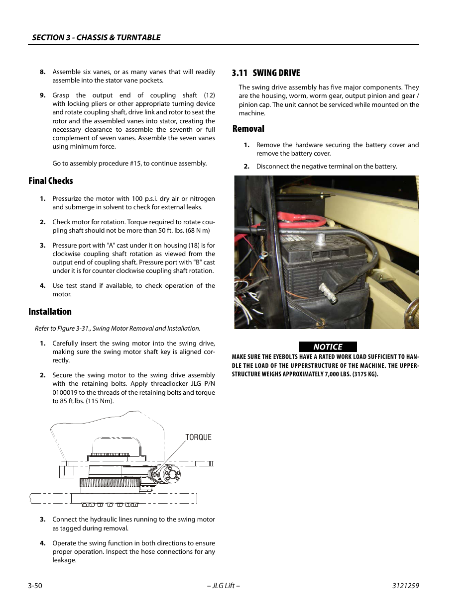 Final checks, Installation, 11 swing drive | Removal, Final checks -50 installation -50, Swing drive -50, Removal -50 | JLG 340AJ Service Manual User Manual | Page 90 / 348