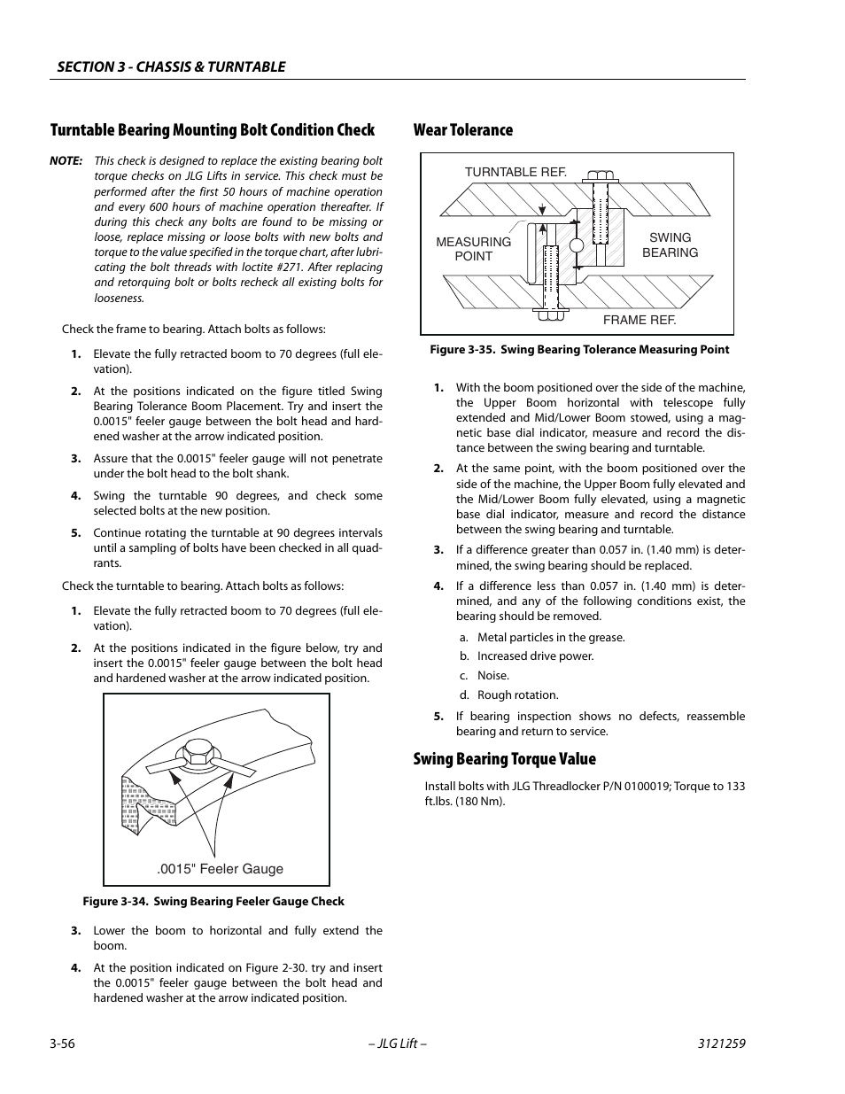 Turntable bearing mounting bolt condition check, Wear tolerance, Swing bearing torque value | Swing bearing feeler gauge check -56, Swing bearing tolerance measuring point -56 | JLG 340AJ Service Manual User Manual | Page 96 / 348