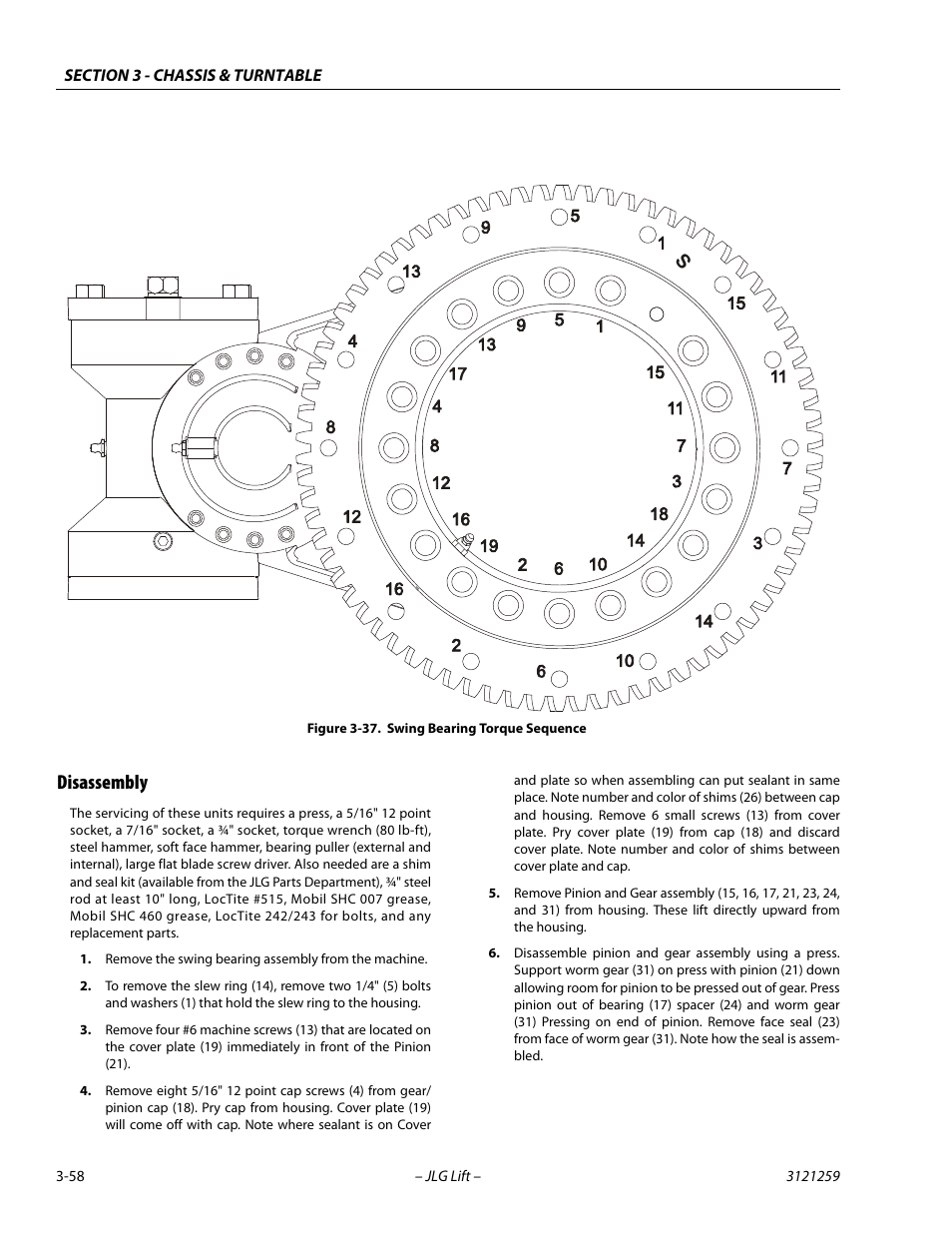 Disassembly, Disassembly -58, Swing bearing torque sequence -58 | JLG 340AJ Service Manual User Manual | Page 98 / 348