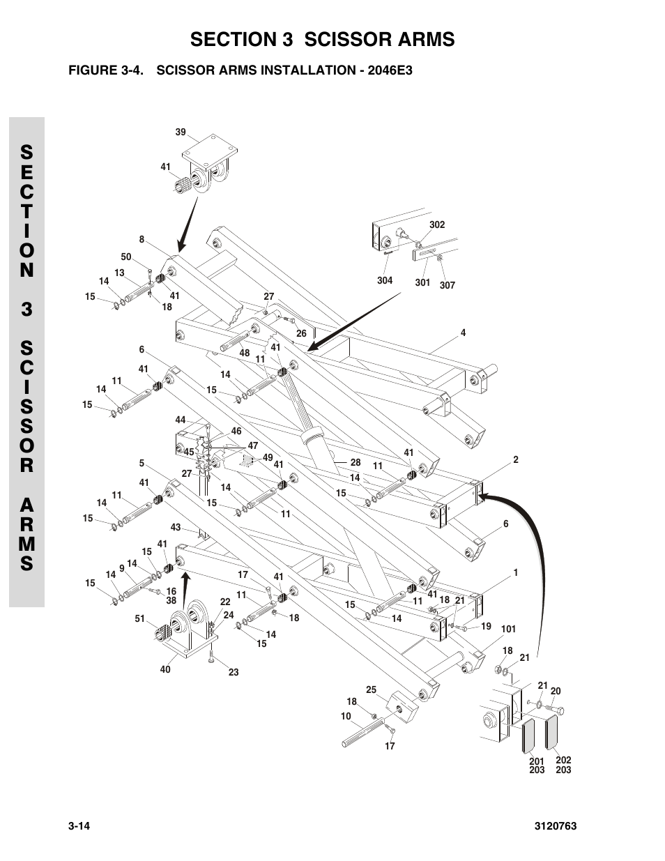 Figure 3-4. scissor arms installation - 2046e3, Scissor arms installation - 2046e3 -14 | JLG 2658E3 ANSI Parts Manual User Manual | Page 72 / 220