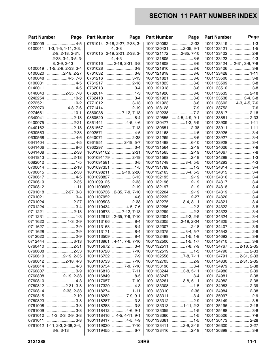 Section 11 part number index, 11 - part number index -1 | JLG 24RS Parts Manual User Manual | Page 131 / 138