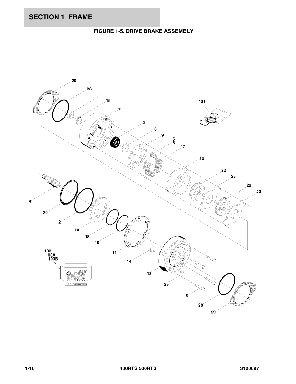 Figure 1-5. drive brake assembly | JLG 500RTS ANSI Parts Manual User Manual | Page 22 / 284