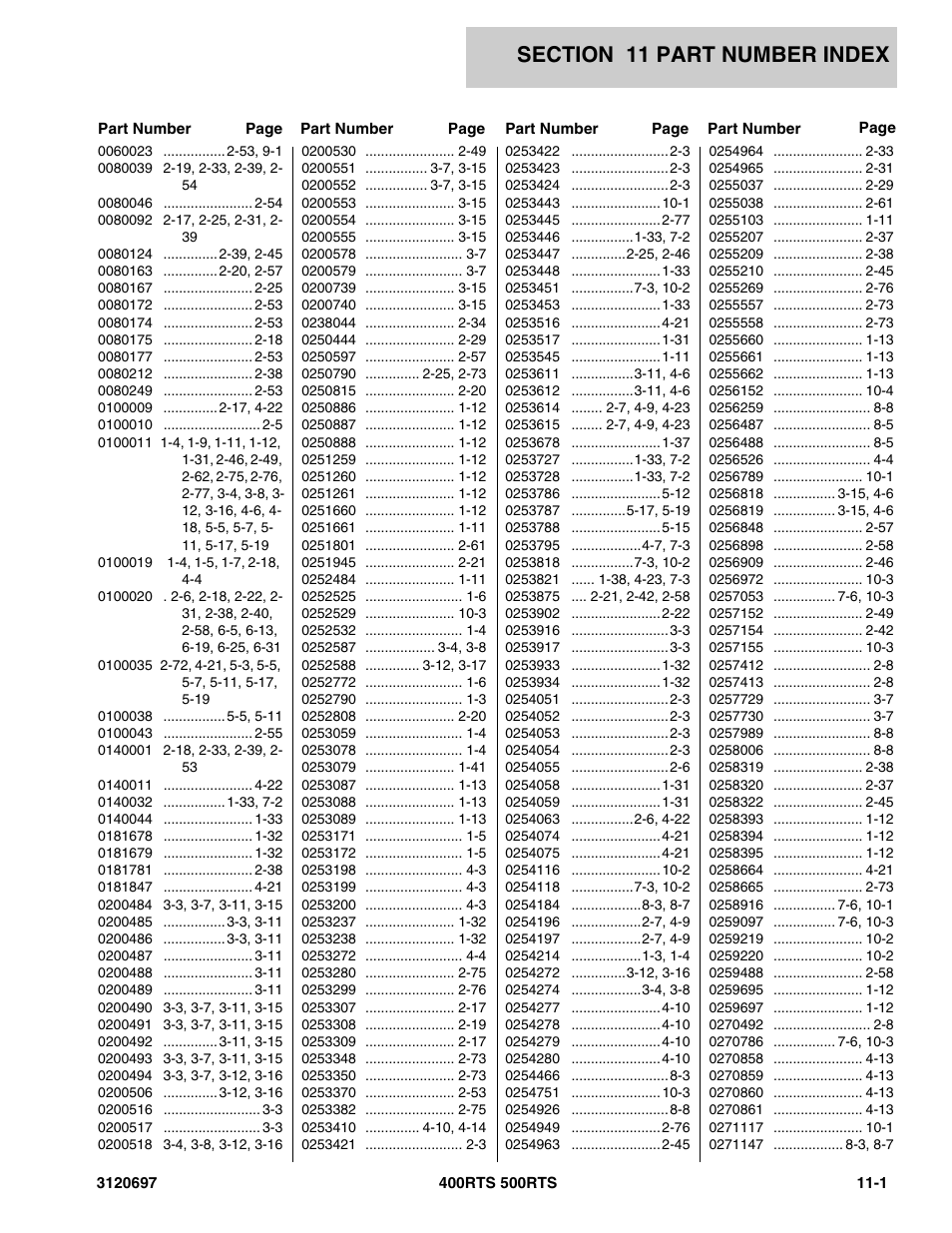 Section 11 part number index, 11 - part number index -1 | JLG 500RTS ANSI Parts Manual User Manual | Page 271 / 284