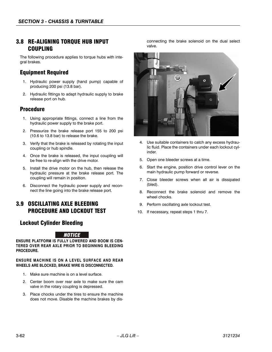8 re-aligning torque hub input coupling, Equipment required, Procedure | Lockout cylinder bleeding, Re-aligning torque hub input coupling -62, Equipment required -62 procedure -62, Lockout cylinder bleeding -62 | JLG 680S Service Manual User Manual | Page 110 / 332
